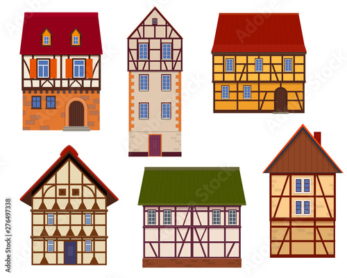 Set of half timbered houses on white background