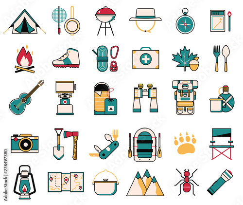 Camping and Hiking Wanderlust Line Art Icons