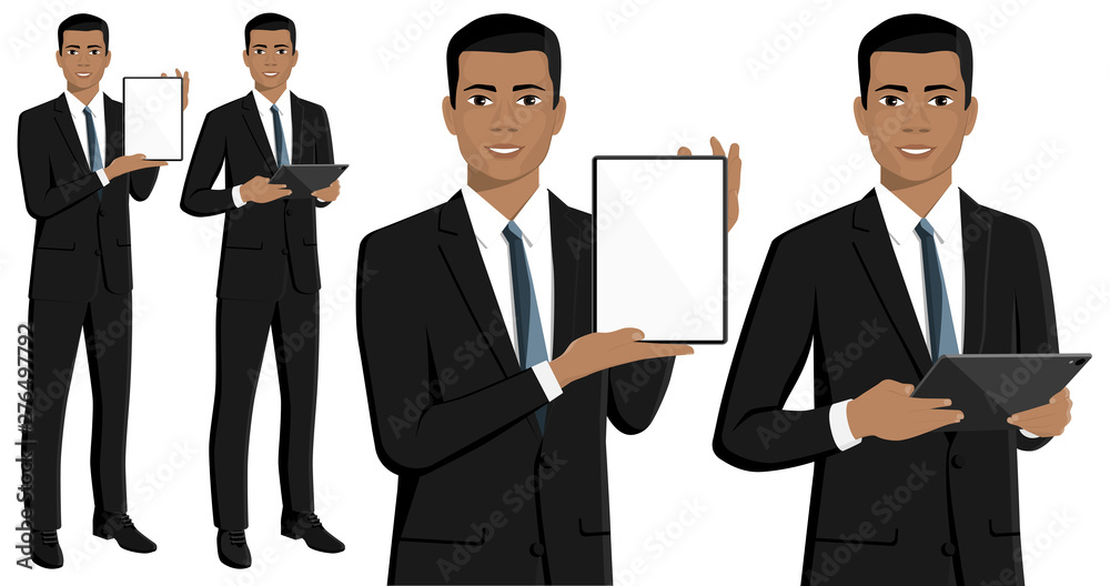 Set of black african american businessman with tablet computer. Vector illustration Set of black african american businessman with tablet computer. Vector illustration