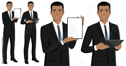 Set of black african american businessman with tablet computer. Vector illustration