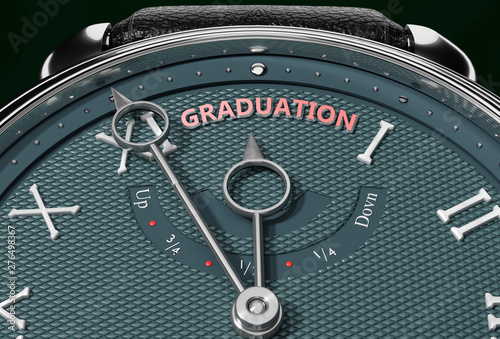 Achieve Graduation, come close to Graduation or make it nearer or reach sooner - a watch symbolizing short time between now and Graduation., 3d illustration