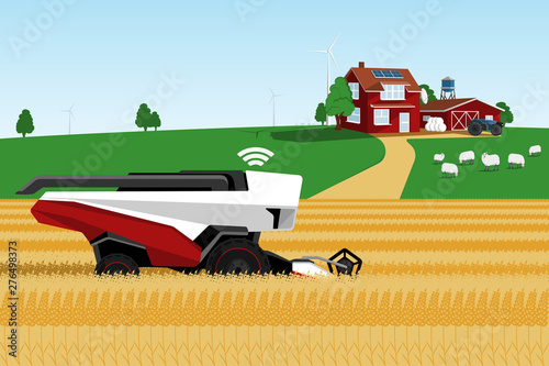 Autonomous harvester working on a smart farm. Vector illustration