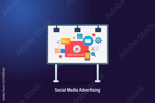 Social media, digital marketing icons and elements on a billboard, conceptual vector web banner.
