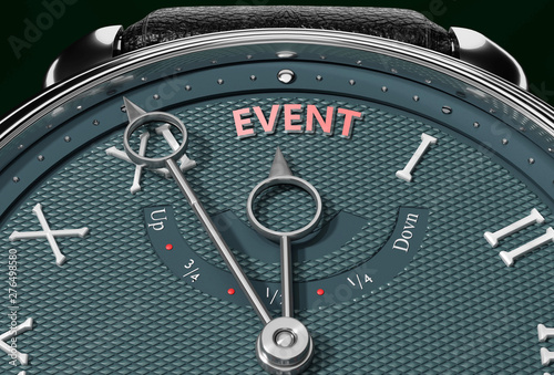 Achieve Event, come close to Event or make it nearer or reach sooner - a watch symbolizing short time between now and Event., 3d illustration
