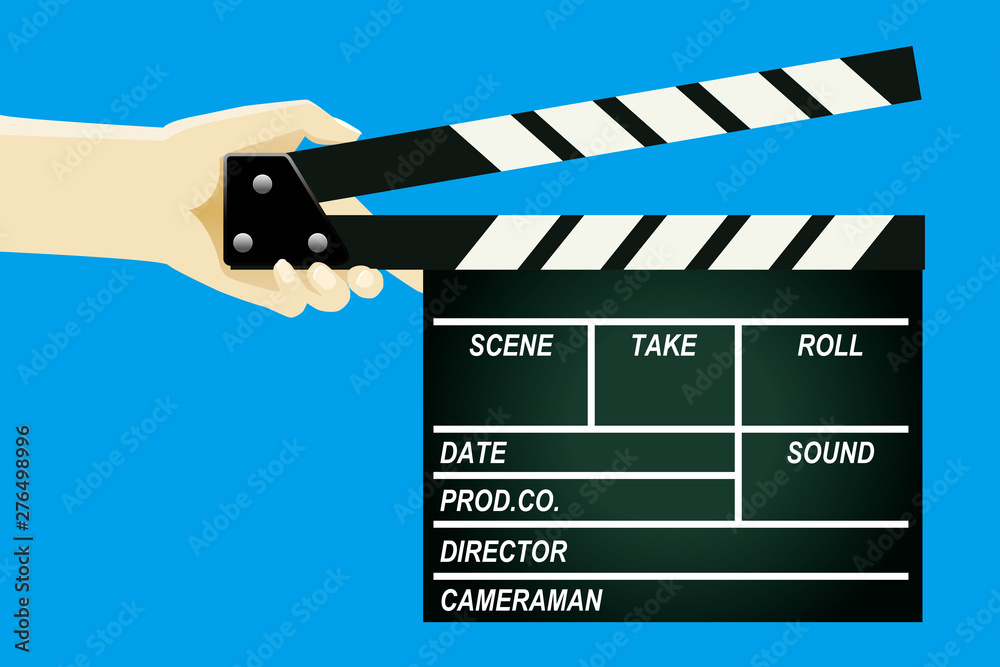 映画の撮影に使うカチンコ ボード のイラスト 手に持つカチンコ 青背景 Stock Vector Adobe Stock