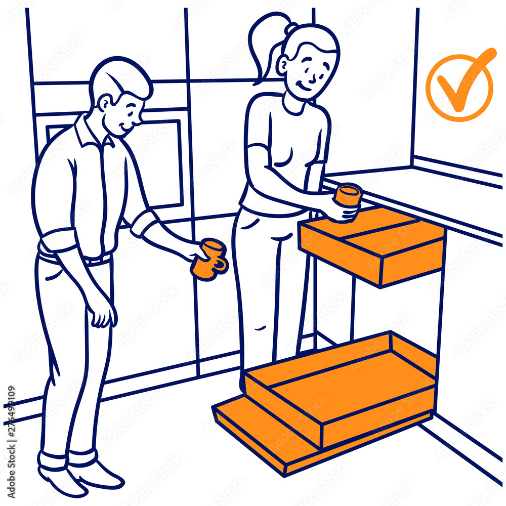 Vector drawing of a man and a woman giving a dishwasher. help, dishes, cleanliness, office, fix, outline, comic, drawing.