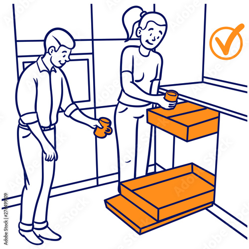 Vector drawing of a man and a woman giving a dishwasher. help, dishes, cleanliness, office, fix, outline, comic, drawing.