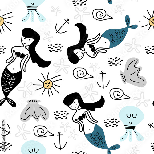 Funny mermaid seamless patt...
