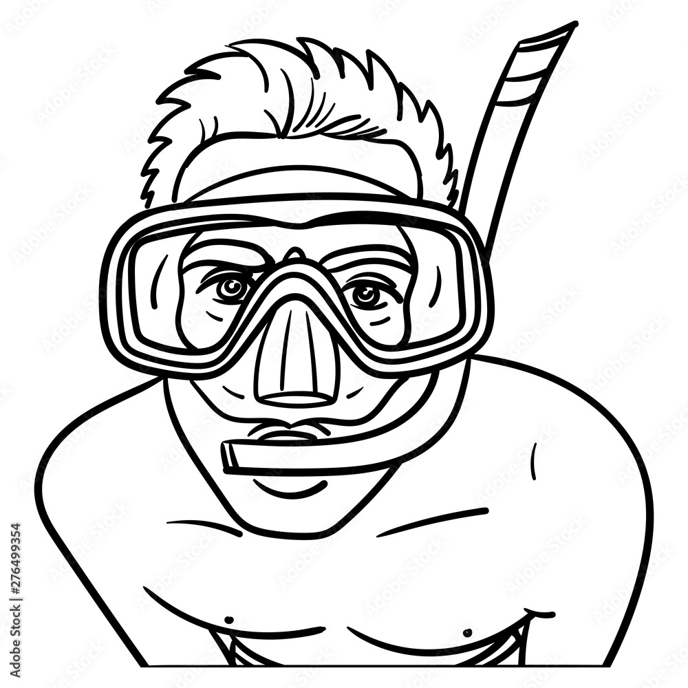 tegnebog Gods frill Vector drawing of a man wearing a diving mask with a snorkel and looking  into the camera. Hand drawn vector illustration, holiday, bathing, diving,  snorkeling, swimming, outline. Stock Vector | Adobe Stock