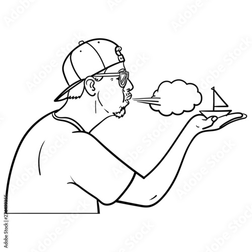 Vector drawing of a man wearing a cap and sunglasses blowing a ship he holds on his hand. wind, air, storm, hand, holiday, outline, comic, sketch, character.