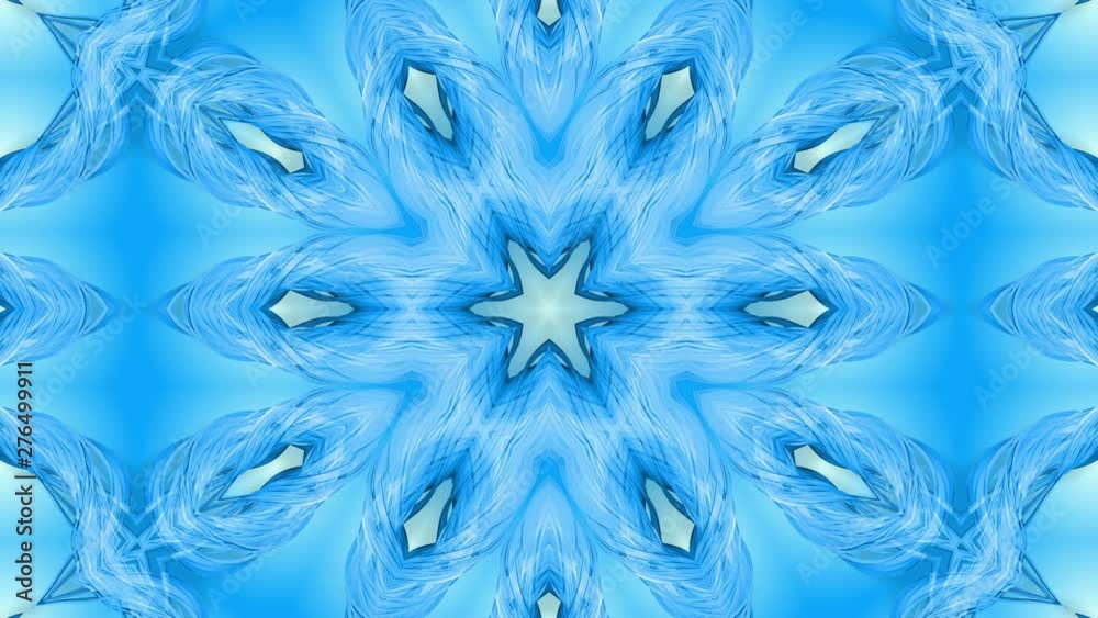 Abstract snowflake in motion of the blue lines of ribbons on a blue background. Kaleidoscopic effect. Winter glass ice composition. 4k seamless frames with matte brightness as alpha channel. 5 Abstract snowflake in motion of the blue lines of ribbons on a blue background. Kaleidoscopic effect. Winter glass ice composition. 4k seamless frames with matte brightness as alpha channel. 5