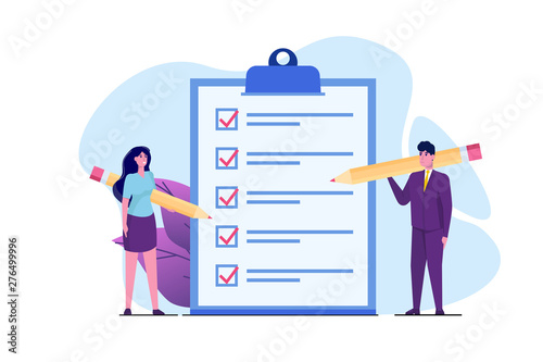 Businessman and Businesswoman checklist concept. Teamwork Checking business  task success, questionnaire checkbox. Vector illustration. photo