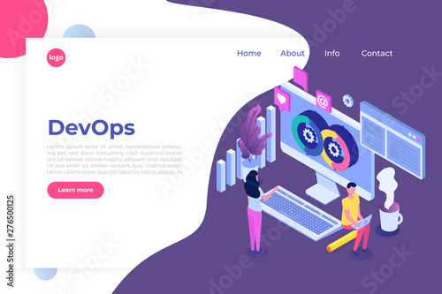  Devops concept. Application development, building.  API prototyping, programming and testing. Vector isometric illustration