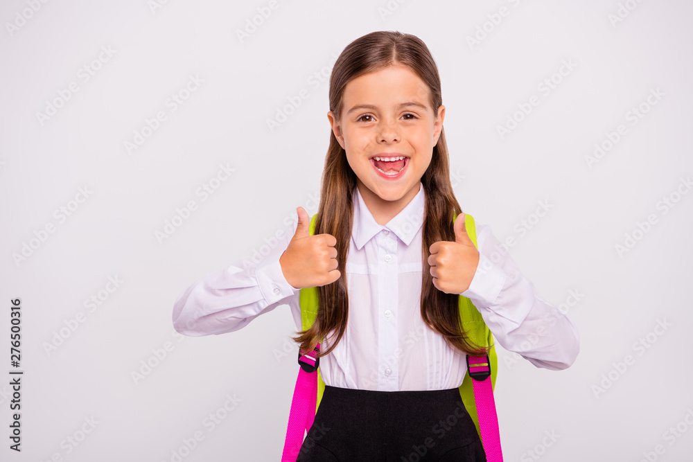 Close-up portrait of her she nice attractive charming lovely smart clever cheerful cheery optimistic pre-teen girl nerd showing double thumbup advert advice isolated over light white grey background Close-up portrait of her she nice attractive charming lovely smart clever cheerful cheery optimistic pre-teen girl nerd showing double thumbup advert advice isolated over light white grey background