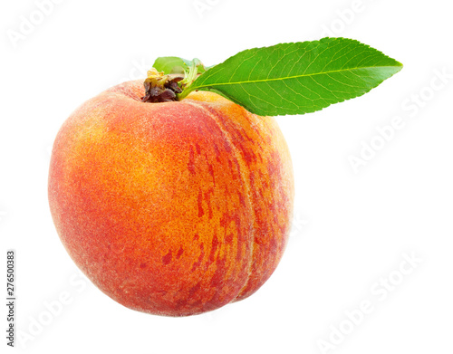 Design Element Ripe Juicy Peach with Leaf Isolated on White Background.