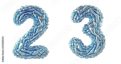 Number set 2, 3 made of crumpled foil. Collection symbols of crumpled silver foil isolated on white background. 3d
