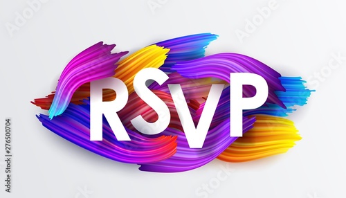 RSVP on the background of colorful brushstrokes of oil or acrylic paint. Text with a gradient brush isolated on white background, creative design element, vector illustration EPS10 photo