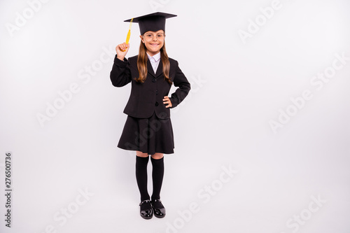 Full length body size view of her she nice attractive lovely intelligent cheerful cheery confident content pre-teen girl student scientist isolated over light white grey background