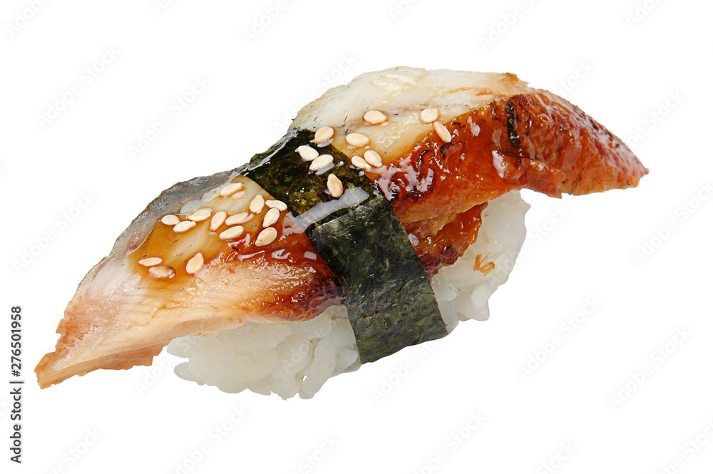Nigiri with roast eel on a white isolated background Nigiri with roast eel on a white isolated background