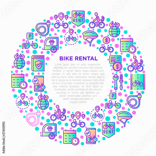 Bike rental concept in circle with thin line icons: rates, bicycle tours, pet trailer, padlock, helmet, child seat, sharing, pointer, deposit, mobile app, cycling route. Modern vector illustration.