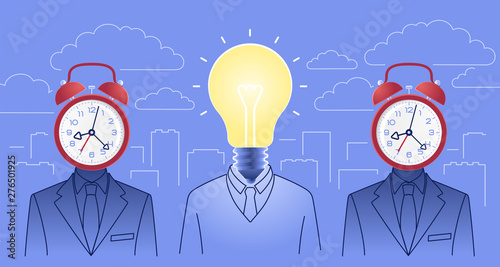 Creativeness In Business. Bizarre idea-manager in between of two figures of bizarre time-managers on background of cityscape. Vector illustration on the subject of 'Business Success'.