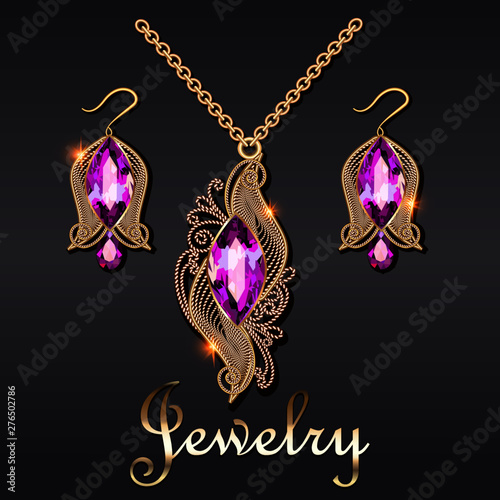 Obraz na plátne Illustration of gold pendant and earrings with filigree and gemstone
