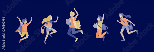 Happy school children joyfully jumping and laughing on background. Concept of happiness, gladness and fun. Vector illustration for banner, poster, website, invitation.