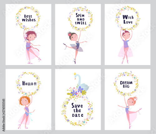 Set of greeting cards. Ballet dancers holding floral wreaths with texts.
