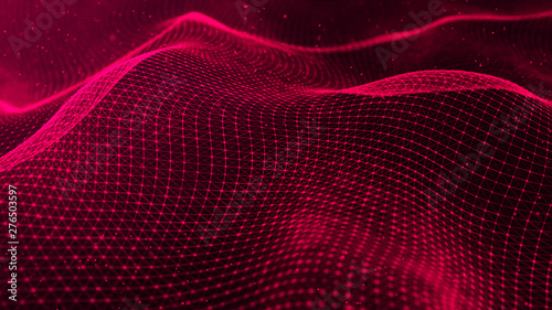 Data technology futuristic illustration. Network of connected dots and lines on dark background. Wave of bright particles. Abstract digital background. 3d rendering.