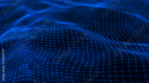 Data technology futuristic illustration. Network of connected dots and lines on dark background. Wave of bright particles. Abstract digital background. 3d rendering.