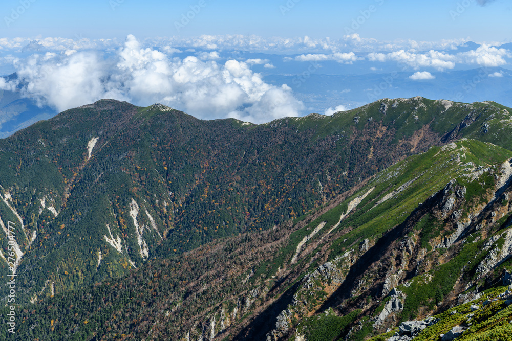 木曽駒ヶ岳から見た茶臼山と将棊頭山