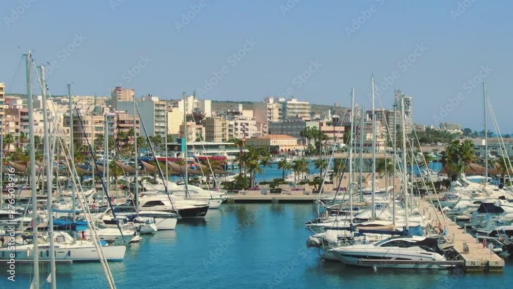 Aerial cinematic top view of Spanish town, Santa Pola residential area and harbor Aerial cinematic top view of Spanish town, Santa Pola residential area and harbor