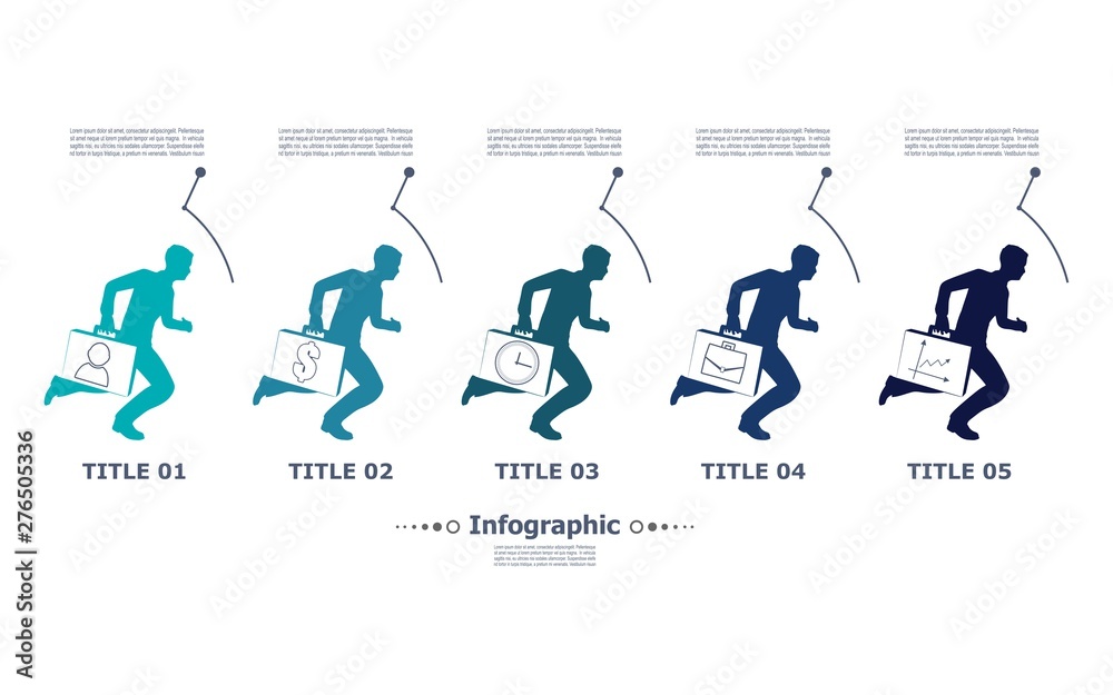 Naklejka premium Business data visualization. Abstract elements of graph, diagram with steps, options, parts or processes. Business template for presentation. Infographic concept . Businessman running with briefcase