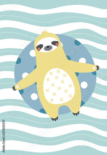 Cute and relaxed sloth on a inflatable ring. Vector illustration in a scandinavian style with abstract background. Funny poster.
