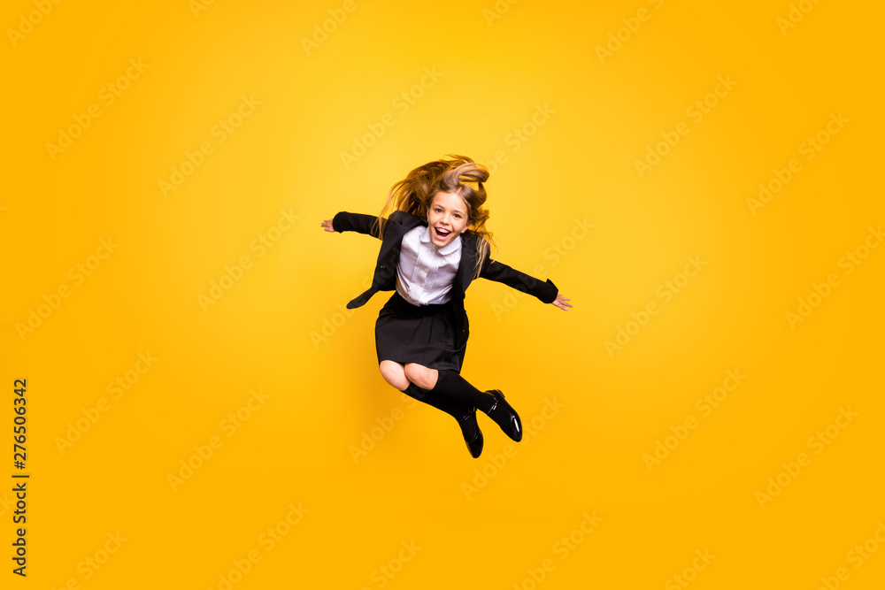Full body photo of funny funky child laughing have free time isolated over yellow background