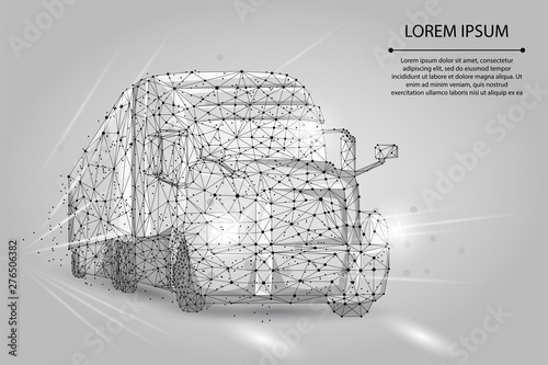 Abstract image of a Truck consisting of points, lines, and shapes. 3d heavy lorry van on Highway road. Transportation vehicle, delivery transport, cargo logistic vector polygonal illustration