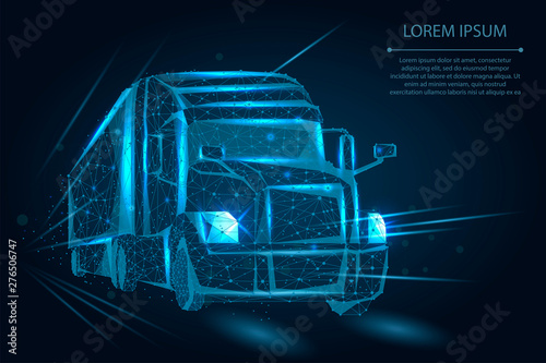 Abstract image of a Truck consisting of points, lines, and shapes. 3d heavy lorry van on Highway road. Transportation vehicle, delivery transport, cargo logistic polygonal illustration