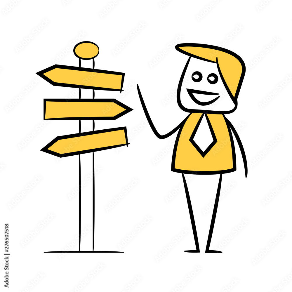 businessman and guidepost yellow stick figure theme