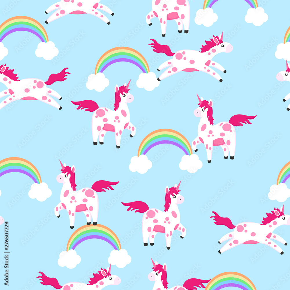Unicorn with rainbow and clouds on blue background hand draw colorful seamless pattern. Repeater background in childish cartoons style. Doodle fond with horses for gift wrap, paper and fabric