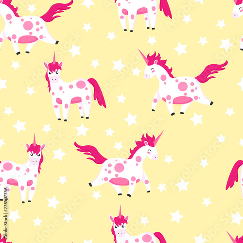 Unicorn with stars on yellow background hand draw colorful seamless pattern. Repeater background in childish cartoons style. Doodle fond with horses for gift wrap  paper and fabric