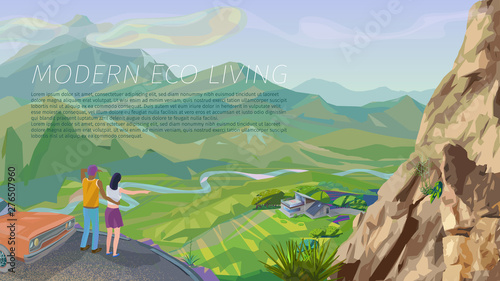couple of young people are looking at the green valley