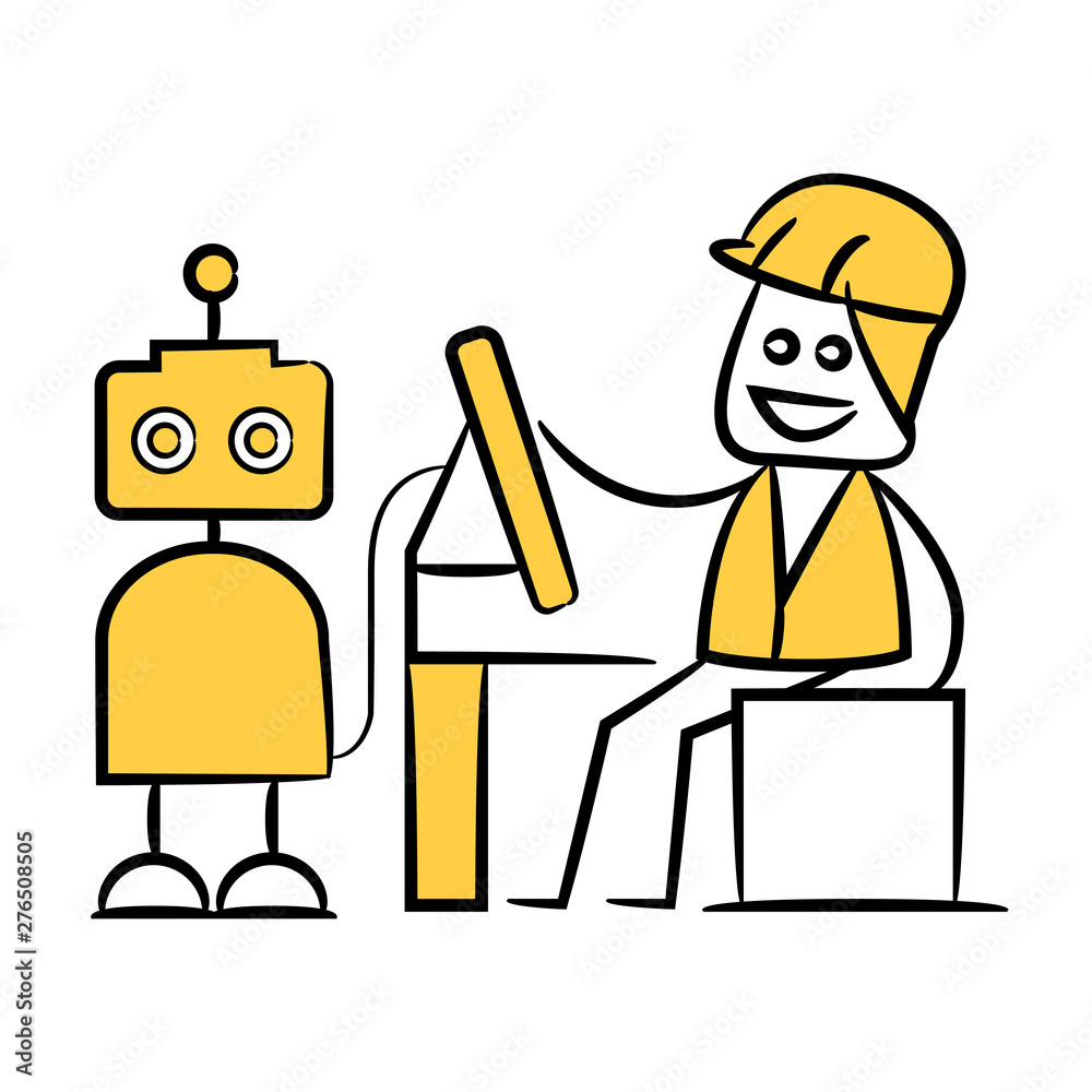 engineer writing embedded software to robot  yellow doodle design