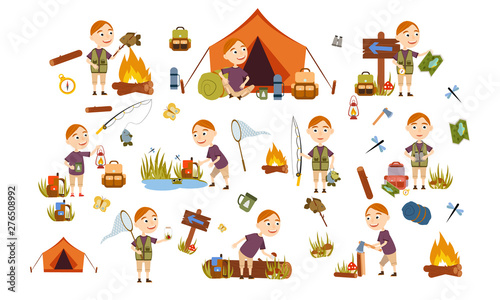 Set red-haired boy tourist on nature. Camping. Overnight, overnight in a tent, picking mushrooms, fun and relaxation. Children's camp. Scouts. Cute Vector Illustration