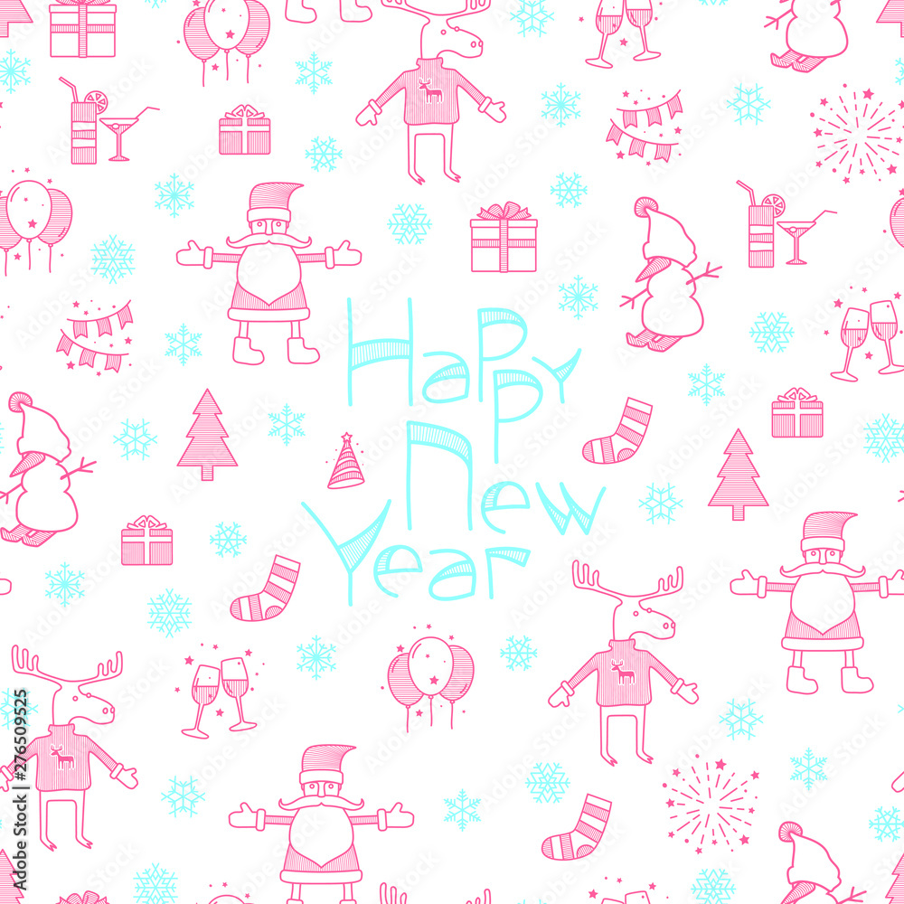 Cristmas seamless pattern. Happy New Year lettering. Abstract background with characters and icons. Vector illustration. Template for your design works.