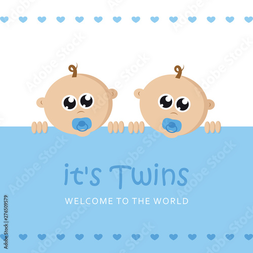 its twins boy welcome greeting card for childbirth with baby face vector illustration EPS10
