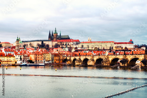 Charles Bridge over Vltava river in Prague, Czech Republic at the evening