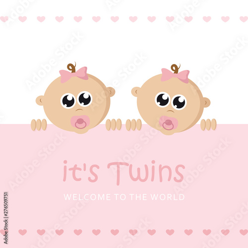 its twins girl welcome greeting card for childbirth with baby face vector illustration EPS10
