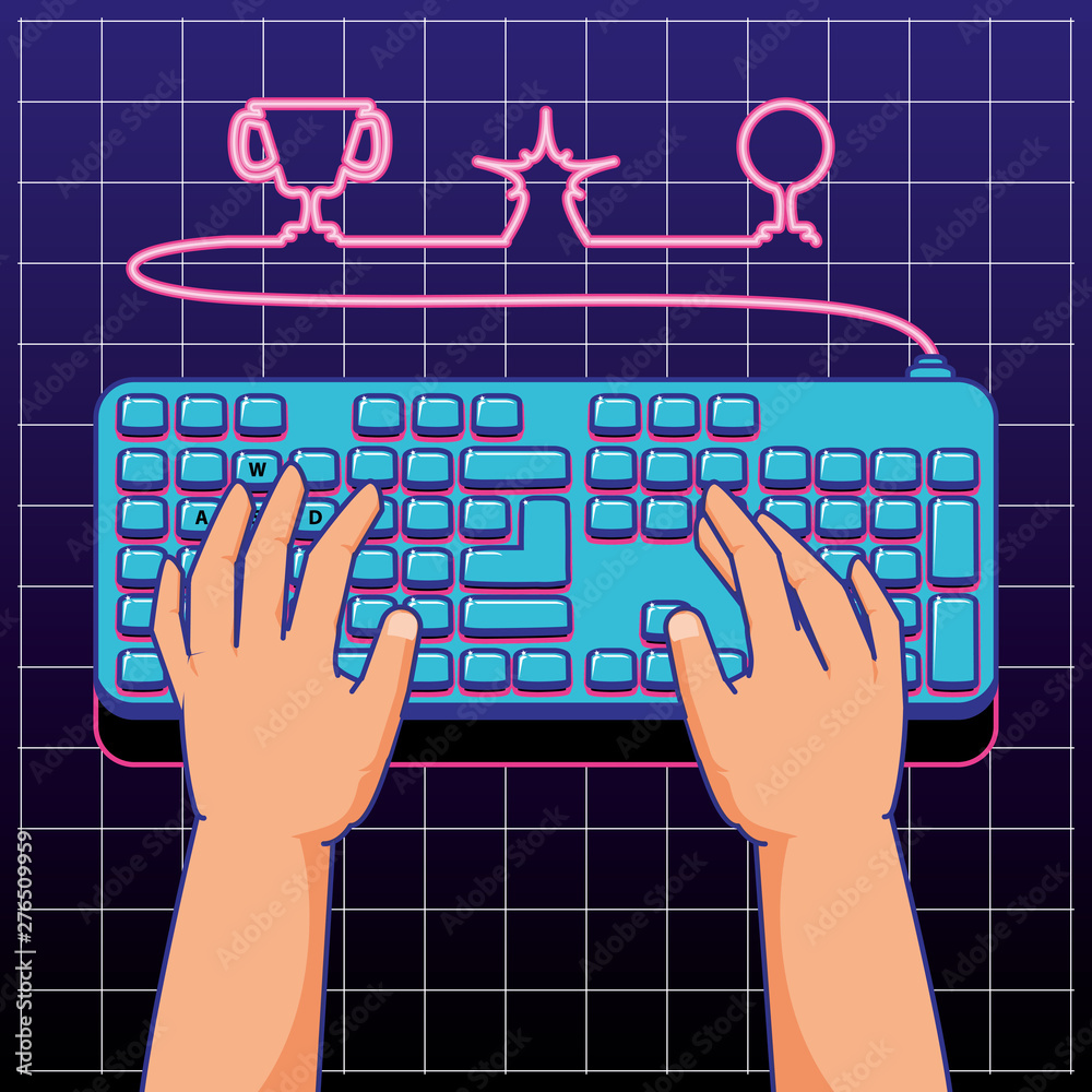 gamer hands playing with keyboard computer - obrazy, fototapety, plakaty 
