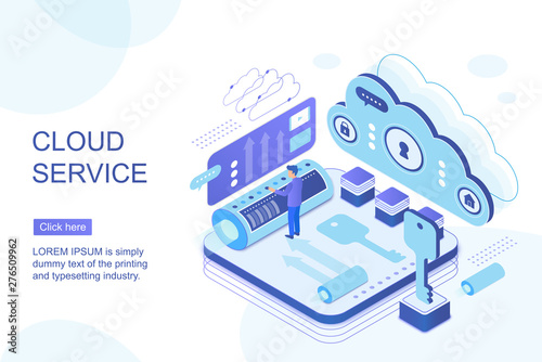 Cloud service landing page isometric vector template. Programmer synchronizing personal information. Database storage, data encryption and protection. Cloud computing website homepage layout.