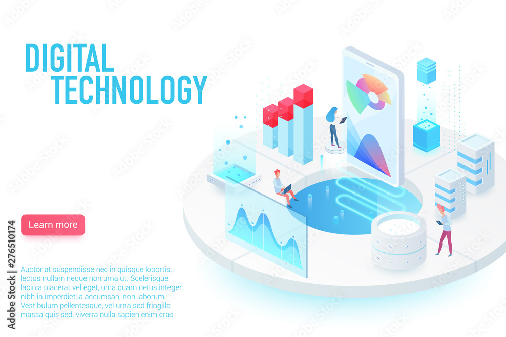 Obraz premium Digital and Internet technology landing page isometric vector template. App interface and web development 3d web banner concept. Software programming, optimization and testing.